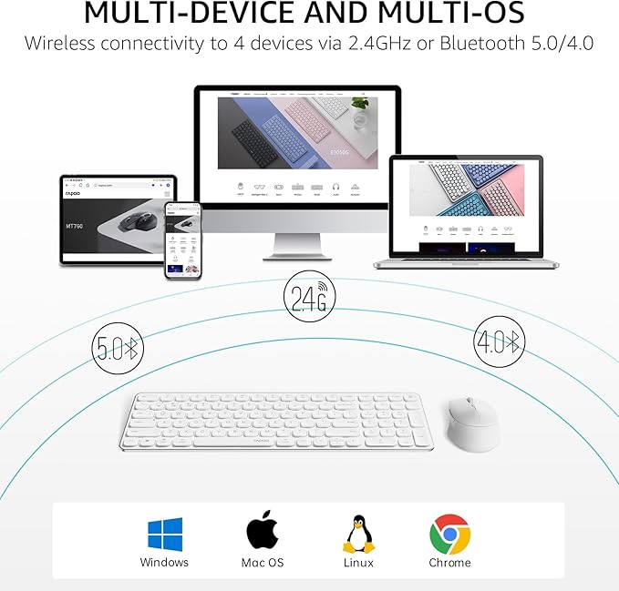 Rapoo Wireless Keyboard and Mouse Combo, Blade-Series E9310M 99-Key Ultra-Thin Keyboard and M300G Silent Mouse, Support 4 Devices, Quiet, Compact, Battery Powered, for Windows/Mac/Linux/Chrome