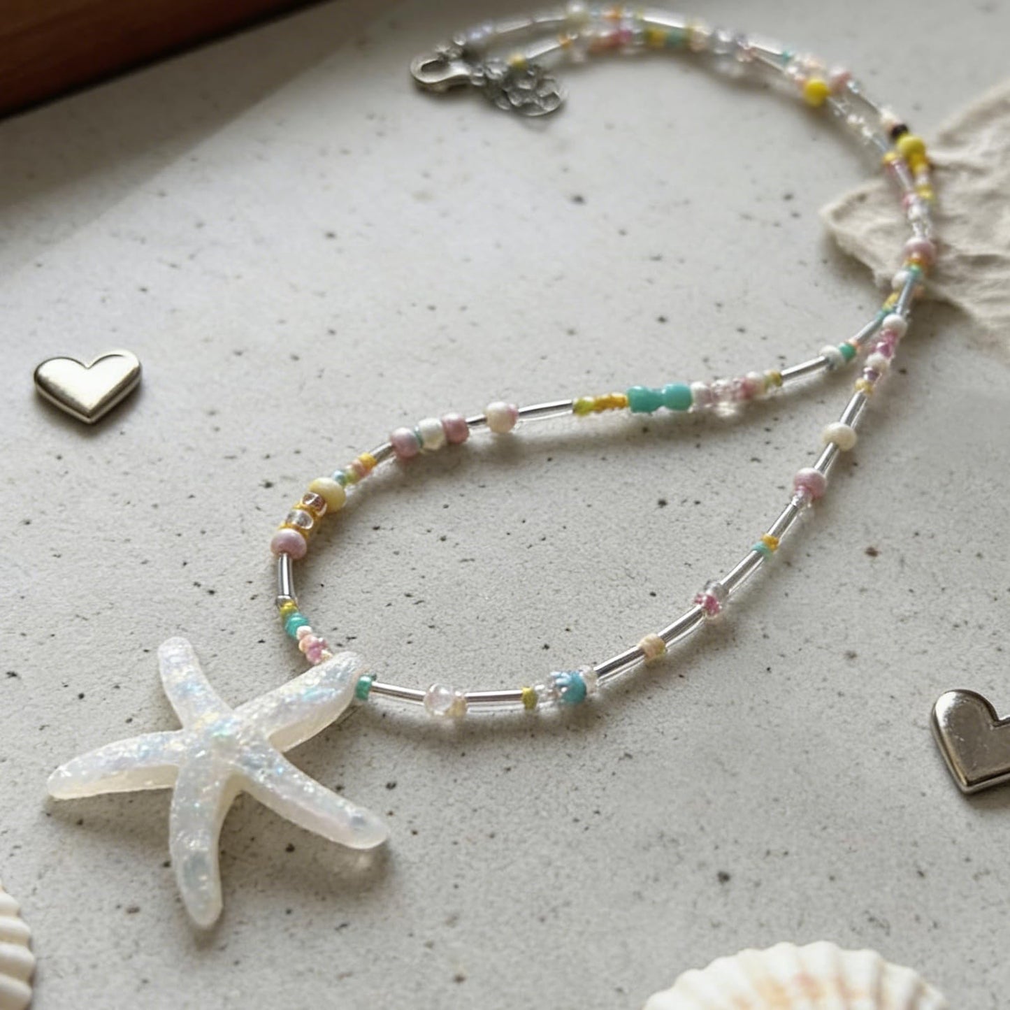 Peraca Cris Sea Shell Necklace Starfish Pendant Necklace for Women Colorful Summer Vacation Jewelry for Women Small Candy Beaded Necklaces Boho Jewelry Lime Green Pink Accessories Gifts