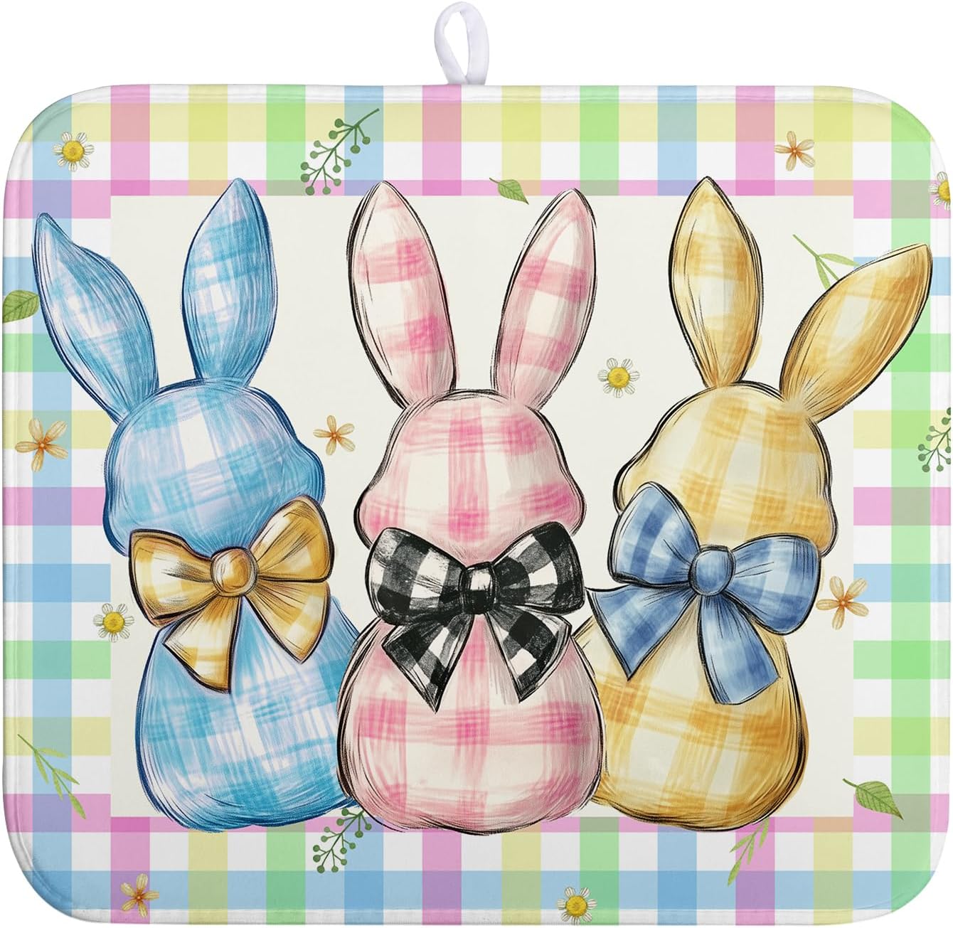 Easter Drying Mat for Kitchen Counter - 16x18 In, Multi-color (Buffalo Plaid), Microfiber & Composite Sponge, Cute Bunny Pattern, Absorbent Dish Drainer Mat