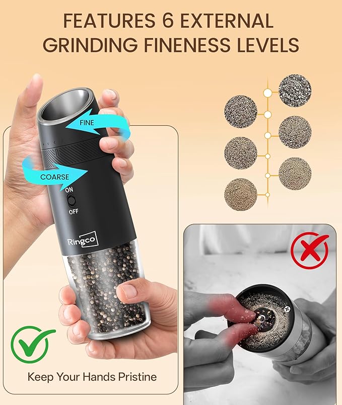 Ringco Gravity Electric Salt and Pepper Grinder Set with Charging Base, Automatic Gravity Salt and Pepper Mill with Adjustable Coarseness, LED Light, 135ml Large Capacity, Christmas Gift