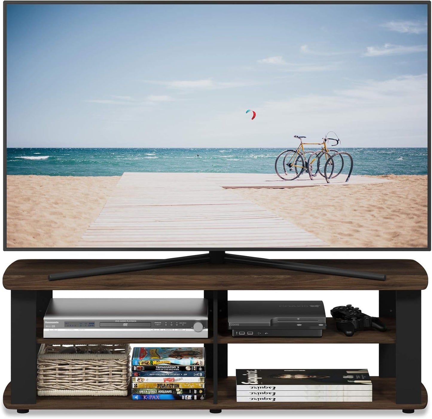 FURINNO Nelly Entertainment Center TV Stand, Short 43.3"(W) x13.4(H) x13.1(D), Columbia Walnut/Black