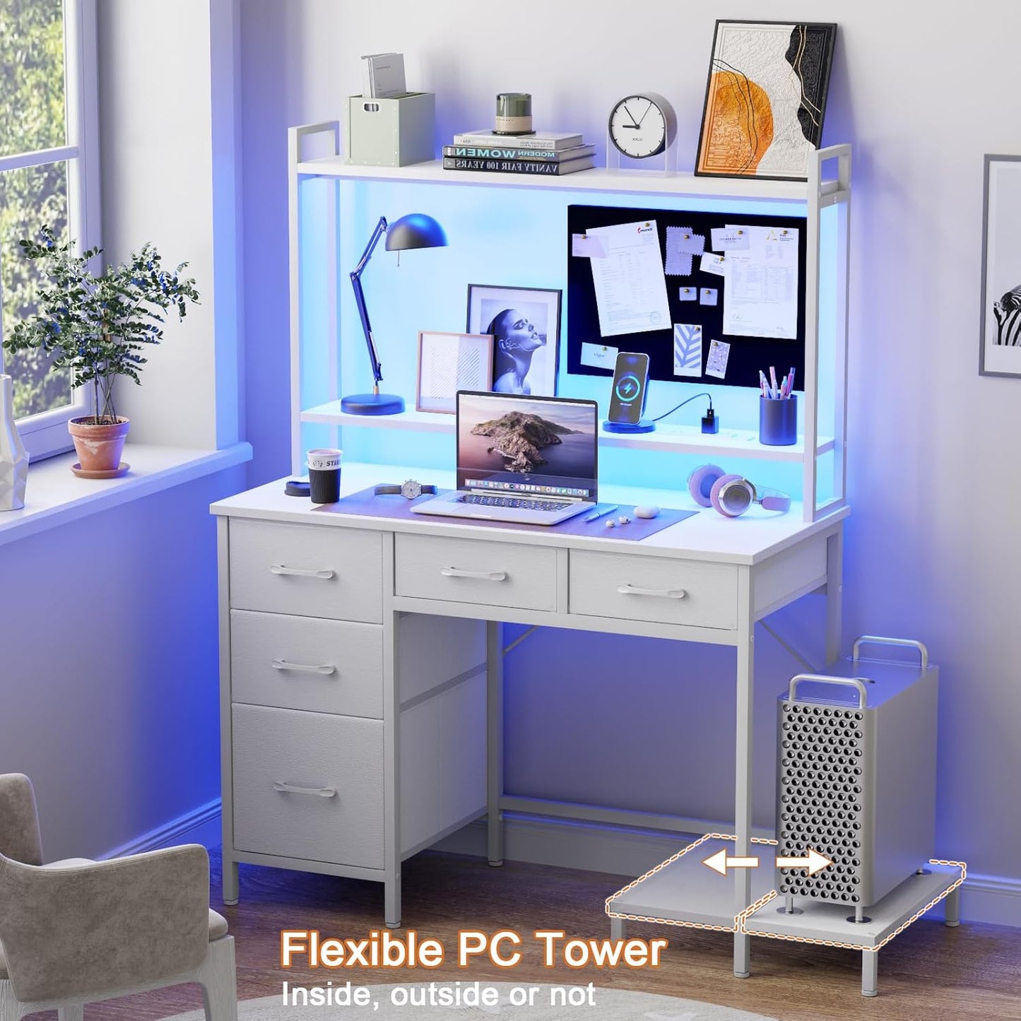 Computer Desk with Hutch, White Gaming Desk with Power Outlets & LED Ligthts & 5 Fabric Drawers, Home Office Desk with 2 Tiers Storage Shelves for Display (White Oak, 39 Inch)