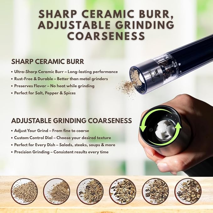Rechargeable Electric Salt and Pepper, Automatic shaker Grinder Mill, LED Light, One-Hand Operation, Adjustable Coarseness, USB-C Charging, ABS & Stainless Steel, Stand Included.