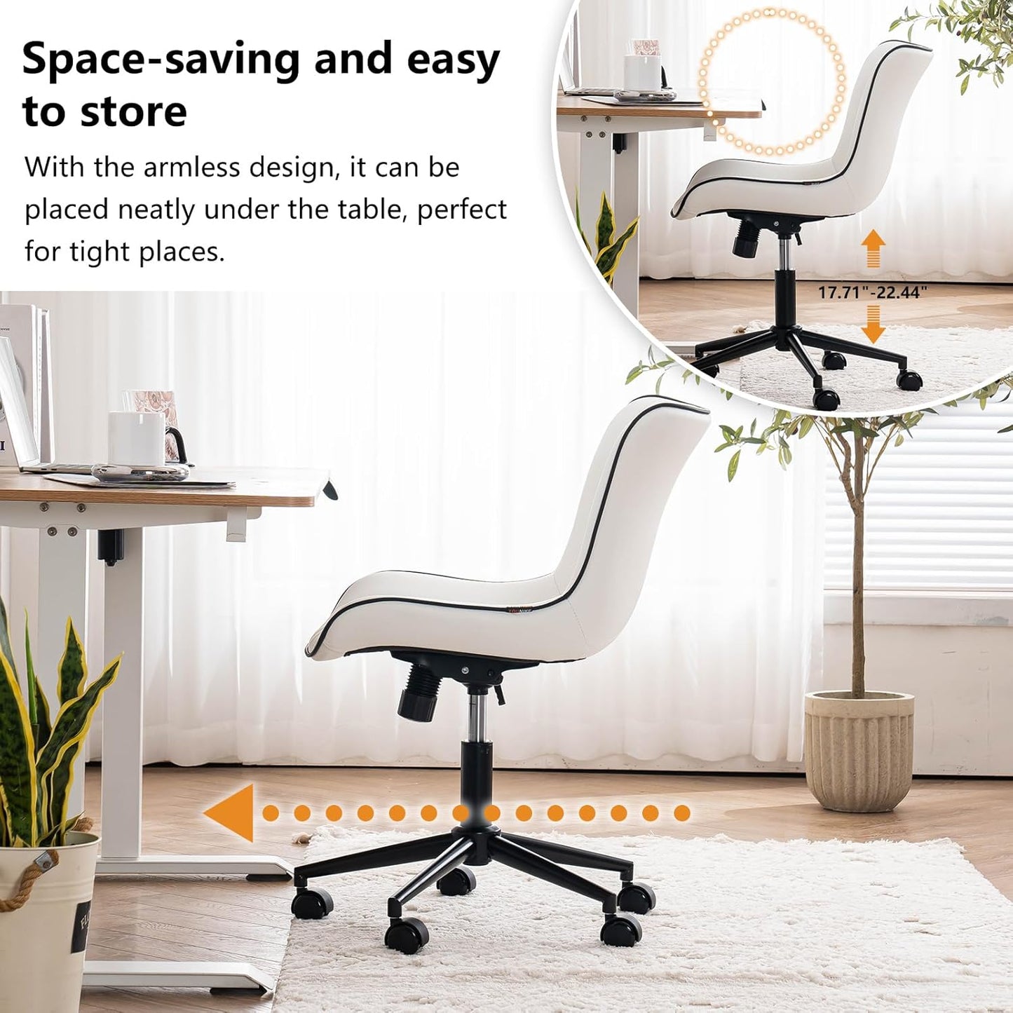 YOUNIKE Ergonomic Home Office Desk Chair with Wheels White Comfy Armless Vanity Chair with Back Modern Faux Leather Upholstered Task Chair Small Cute Rolling Drafting Chair No Arms Adjustable Swivel