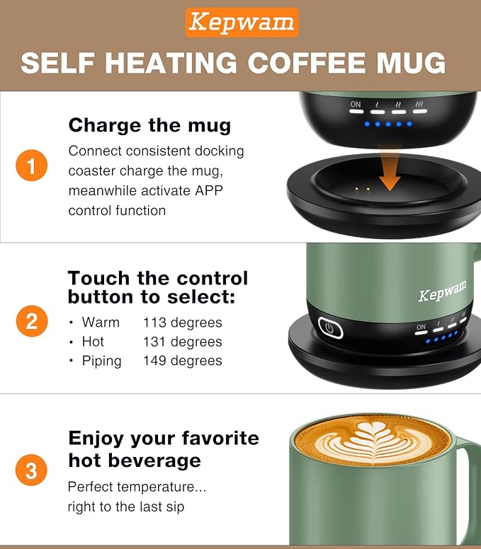 Kepwam Self Heating Coffee Mug T1-16oz Fast Heating & Ultra Long-Lasting Battery Life, Heated Coffee Mug Up to 149℉ - Touch & App Controlled Coffee Mug, Birthday Gifts for Women and Men