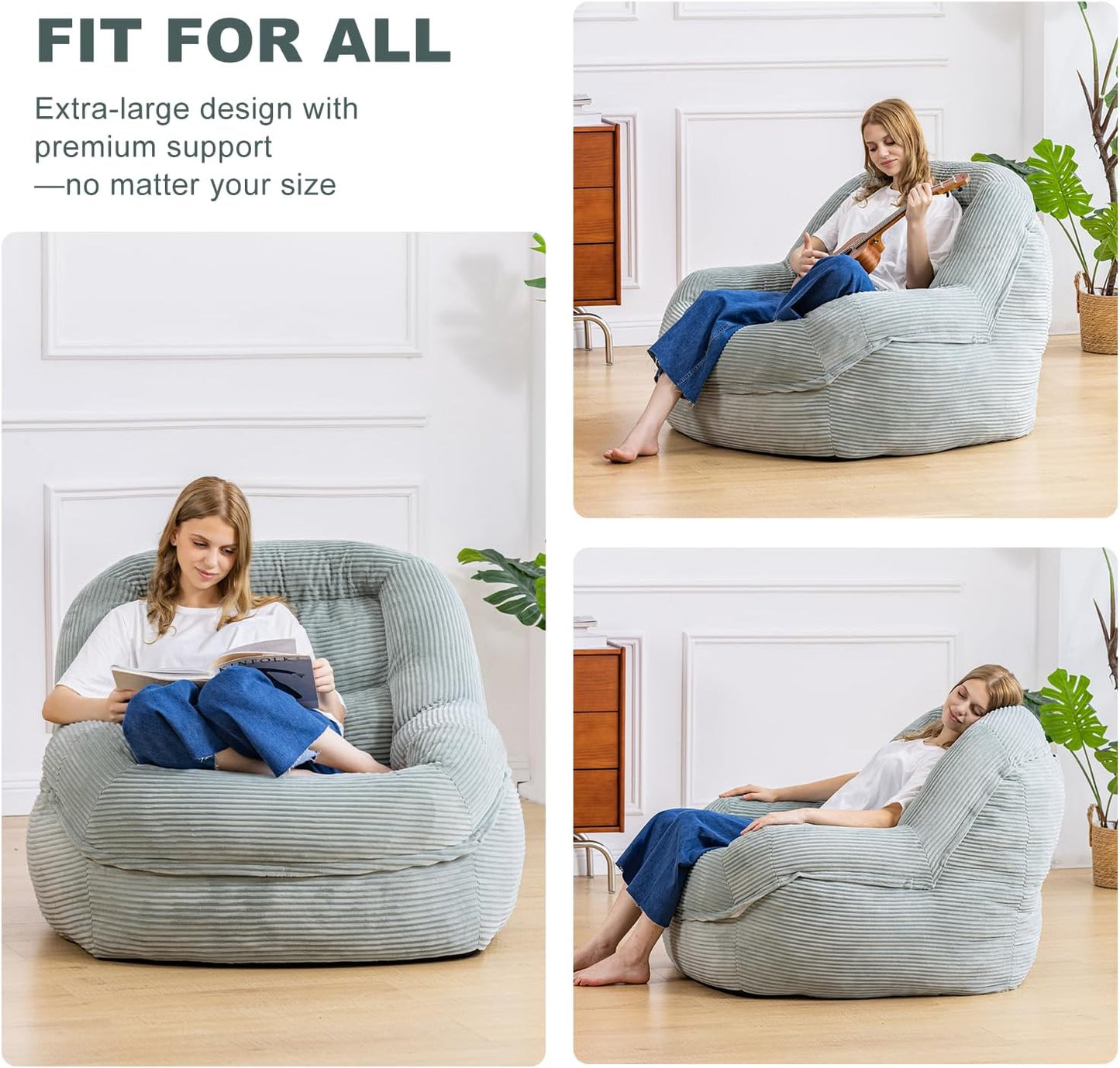 Giant Bean Bag Chair with Armrests - Oversized Cozy Seating for Adults, Corduroy Fabric & High - Density Foam Filling, Ideal Lounge for Living Room, Bedroom & Gaming Room (Mint Green)
