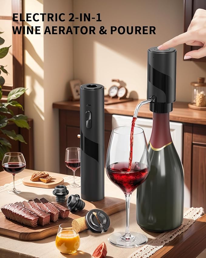 CIRCLE JOY Electric Wine Bottle Opener Set Rechargeable 7-in-1 Wine Set with Foil Cutter, Electric Wine Opener, Electric 2in-1 Wine Aerator & Pourer, Electric Vacuum Pump and 2 Wine Stoppers, Black
