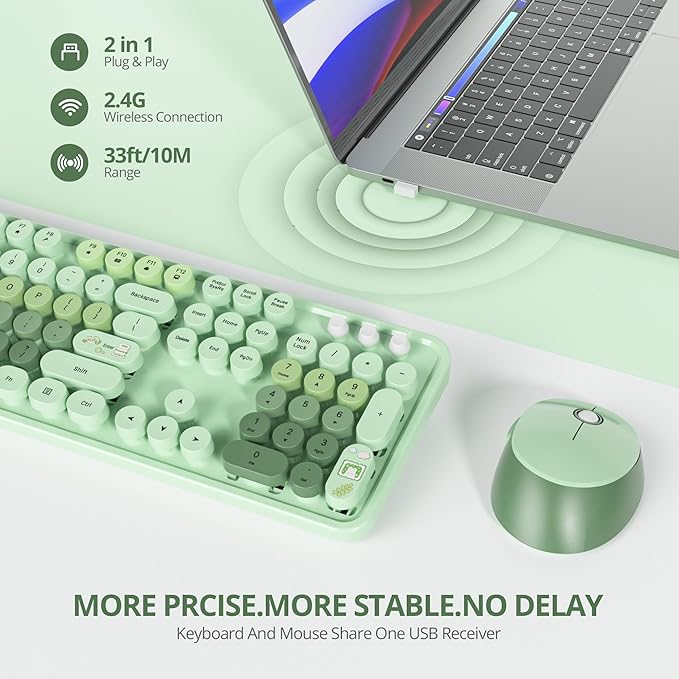 Wireless Keyboard and Mouse Set, Retro Typewriter Keyboards, 2.4GHz Full Size 104-Key Cute Keyboard with Number Pad, Colorful Keyboard with Round Keycaps for Windows PC Laptop(Light Green)