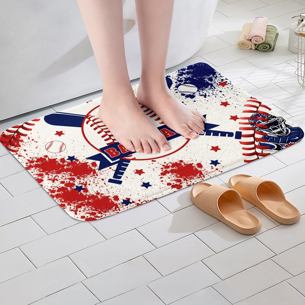 Feelyou Baseball Gaming Non Slip Bath Mat Blue Red Graffiti Soft Fleece Door Carpet for Kids Boys Girls Baseball Player Polyester Bath Rug Ball Games Sports Bathroom Floor Indoor Doormat,16x24 Inch