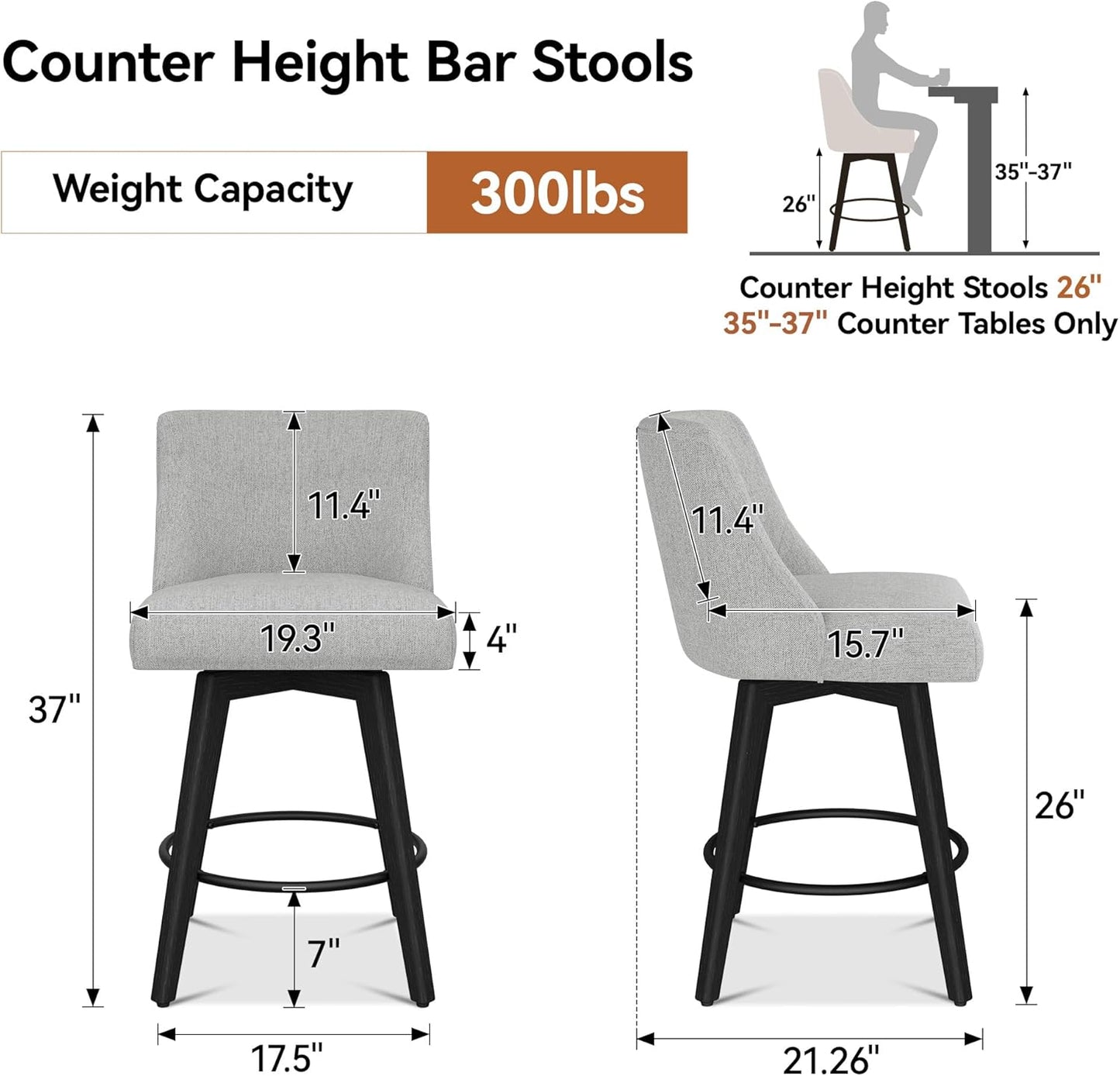 Counter Height Bar Stools Set of 4, Modern Swivel Barstools with Back and Wood Legs, Linen Fabric Upholstered Bar Chairs, 26" H Kitchen Counter Stools, Kitchen Island Home Bar, Light Grey