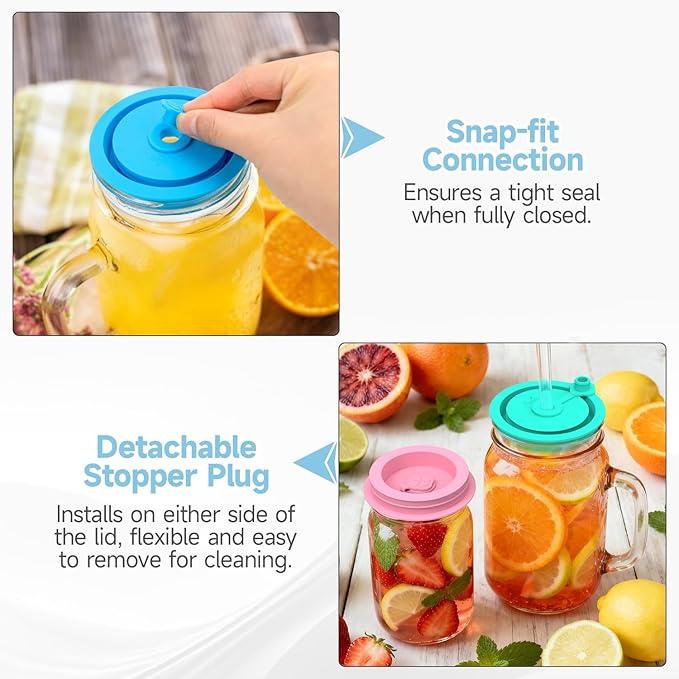 SOPHICO Silicone Replacement Lids Fit Ball, Kerr Regular & Wide Mouth, Mason Jar Covers with Straw Hole & Stopper Plug, Dual-sided Design, Airtight Seal - Straw & Glass Not Included (Mix1, 6 Pack)