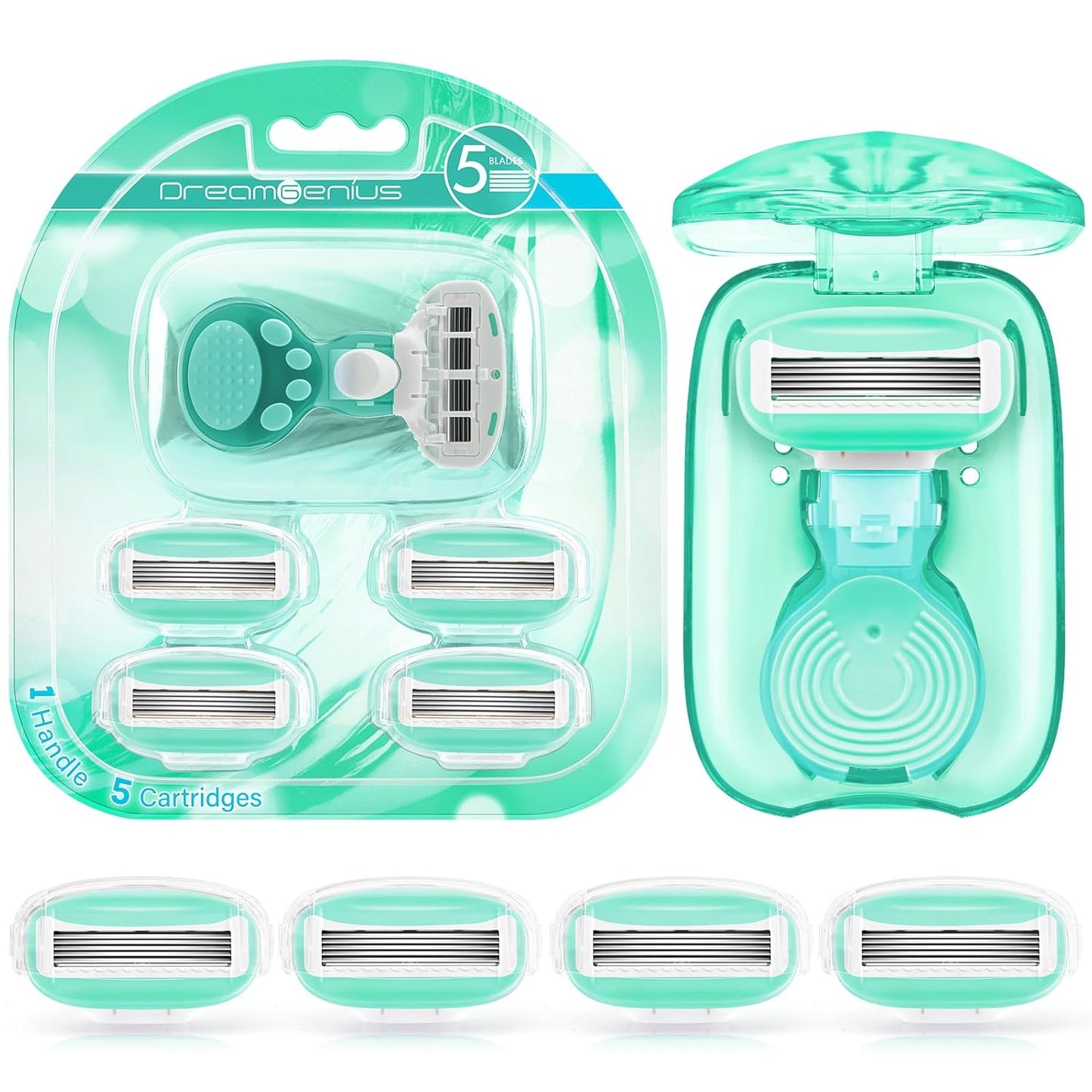 DreamGenius Travel Razors for Women Include 1 Handle and 5 Cartridges, Extra Smooth 5-Blade Travel Essentials Razor with Case for Shaving, Green