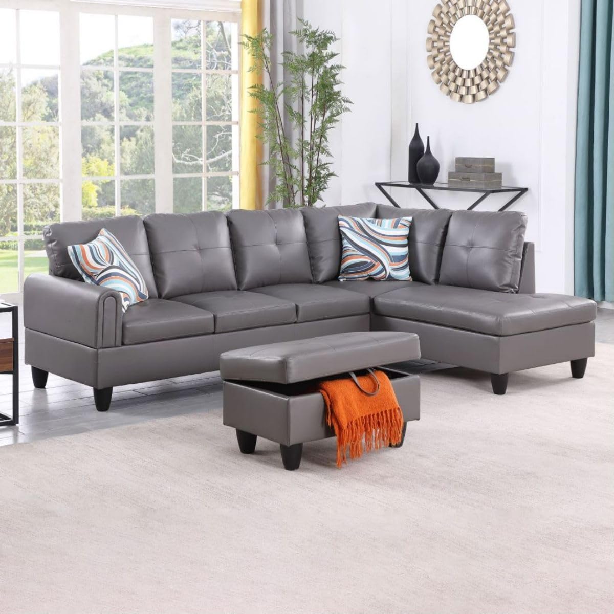 Dark Grey L-Shaped 3-Piece Faux Leather Sofa with Storage Ottoman Set, Sectional Couch Sofa Set for Living Room, Office, Small Space