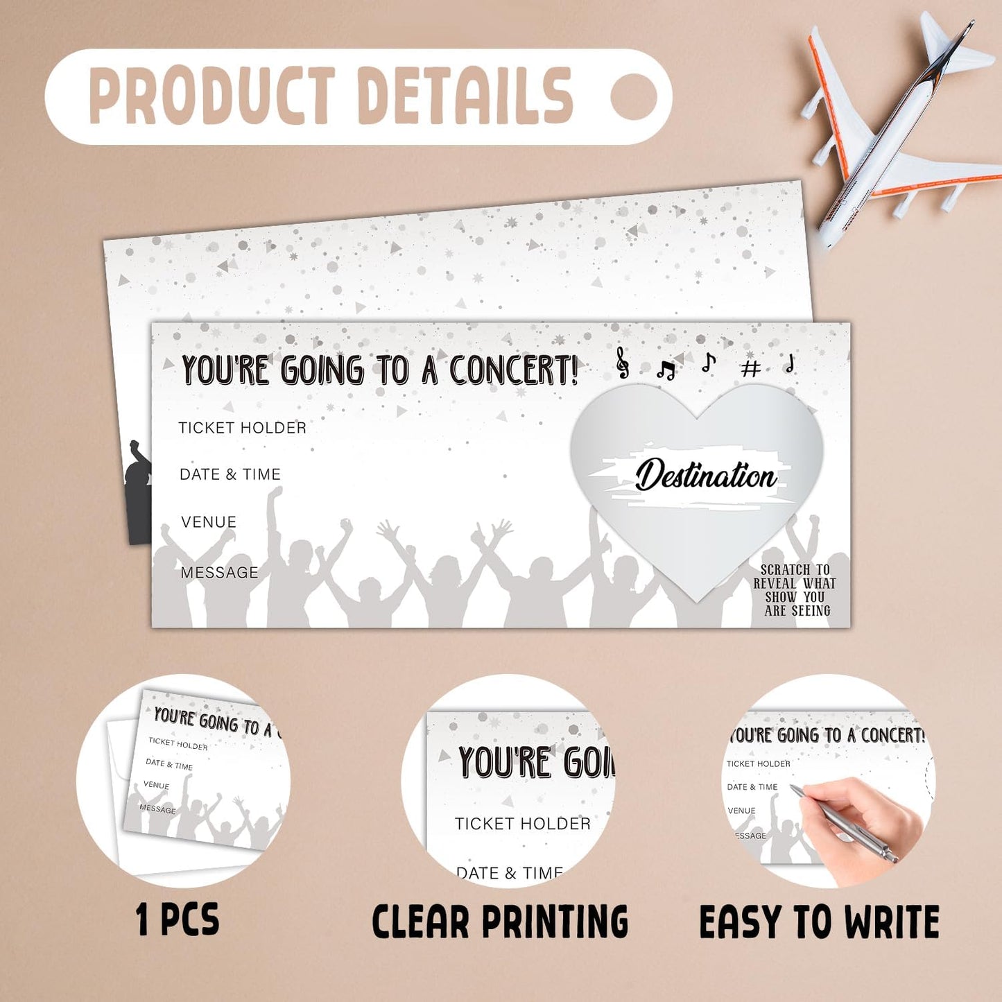 DIY Scratch Off Cards with Envelope, Concert Ticket for Vacation Birthday Wedding, Surprise Music Festival Reveal Gifts for Couples Family and Friends (1 Set) -006A