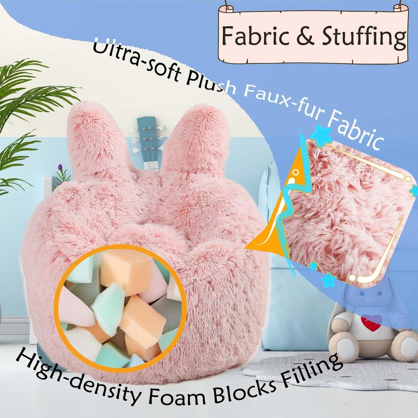 Bean Bag Chair for Kids with Plush Faux Fur Cover, 2.5FT Memory Foam Filled Bean Bag for Teens & Kids, Lazy Sofa for Living Room/Bedroom/Dorm, Rabbit-Ears Design