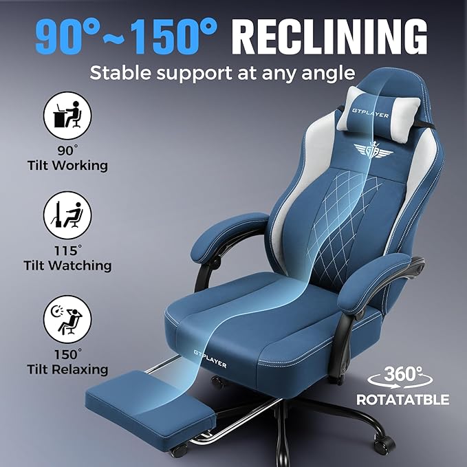 GTPLAYER Big and Tall Gaming Chair Breathable Fabric Computer Chair with Strong Lumbar Support, Comfortable Office Chairs with Pocket Spring Cushion, High Back Ergonomic Desk Chairs with Footrest