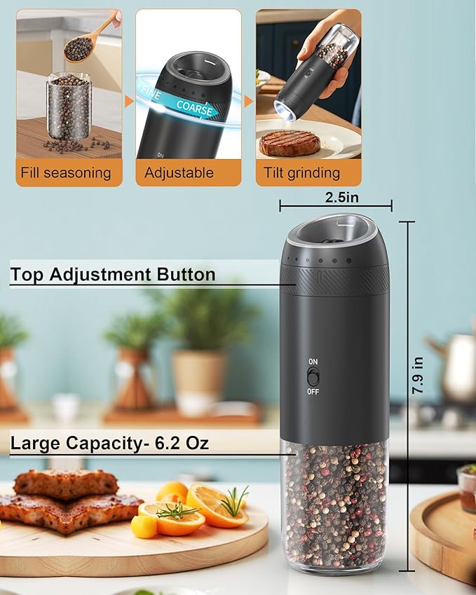 Gravity Salt and Pepper Grinder Set with Charging Base, Automatic Salt Grinder Electric with LED Light & 6 Adjustable Coarseness, One-Handed Operation and 176ml Capacity, Black