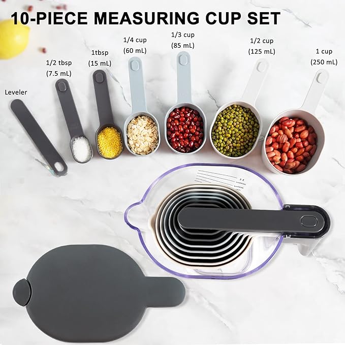 Measuring Cups and Spoons set 11-Piece, Stackable Measuring Cup with Lid and Cookie Scoop (#40), BPA Free, Dishwasher Safe, Cooking Baking Gadgets