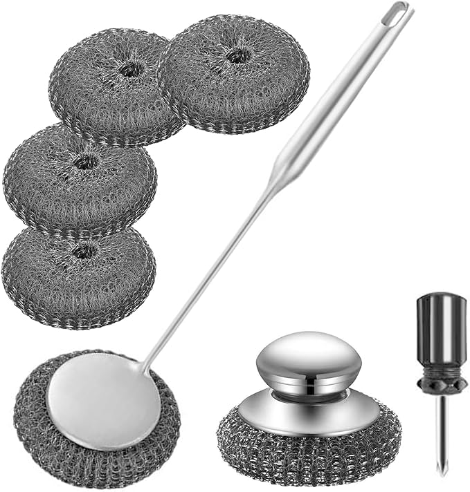 Stainless Steel Wool Metal Wire Scrubber Sponge Scouring Pads Brush Set with Handle for Cleaning Dishes,Pots and Pans,Kitchen Cast Iron,Stoves, Sink,Cooking Tools,Silver(7pcs)