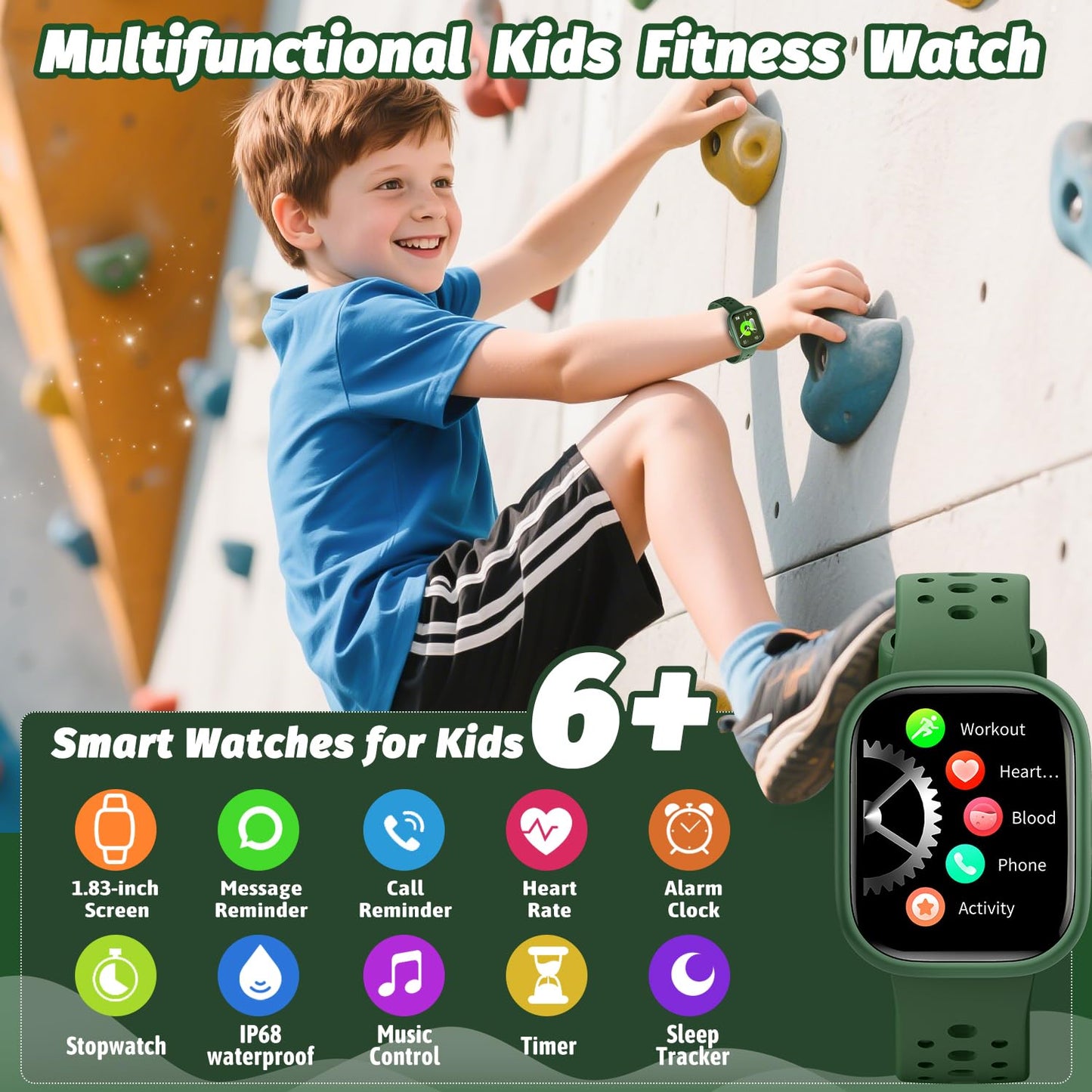Heroange Kids Smart Watch For Girls Boys,Ip68 Waterproof Kids Fitness Tracker Watch With 1.83 Face,Heart Rate Sleep Monitor,19 S