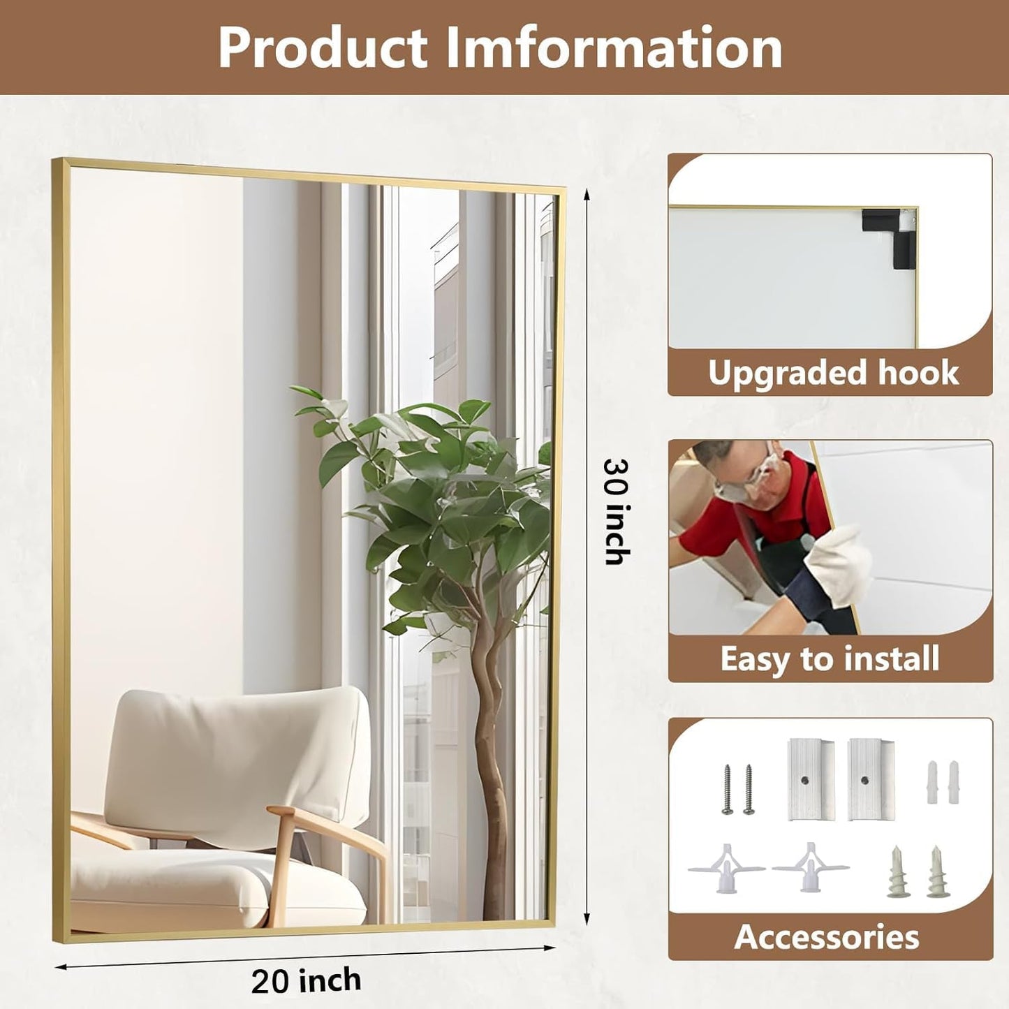 Gold Bathroom Mirror, 20"x30" Rectangle Mirror, Brushed Gold Mirror, Metal Frame Square Corner Vanity Mirror, Wall Mounted Mirror for Modern, Living Room, Bedroom, Horizontal Or Vertical