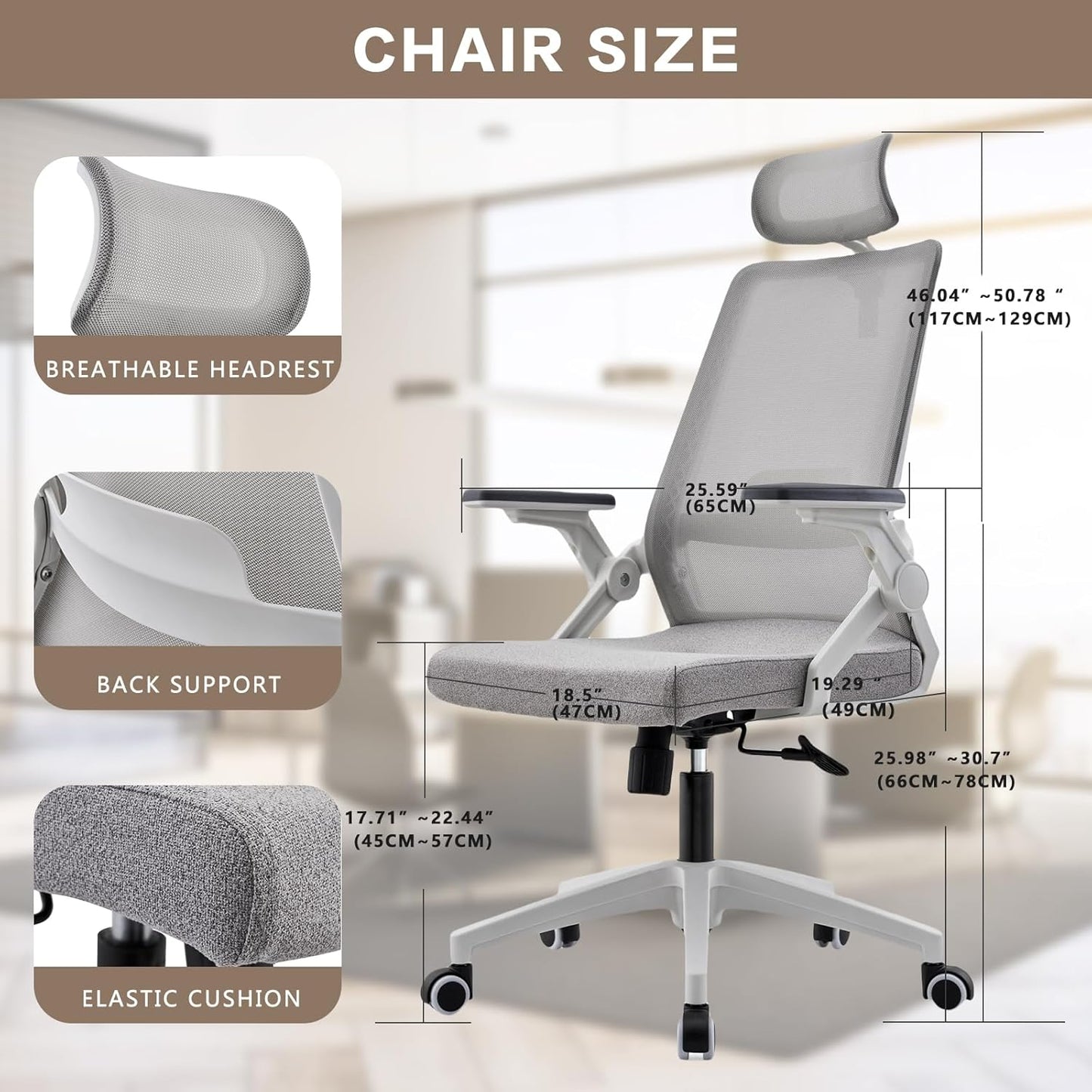 Ergonomic Swivel Task Chair High Back Home Desk Chair Computer Office Chair Mesh Rolling Work Chairs with Headrest and Lumbar Support Grey