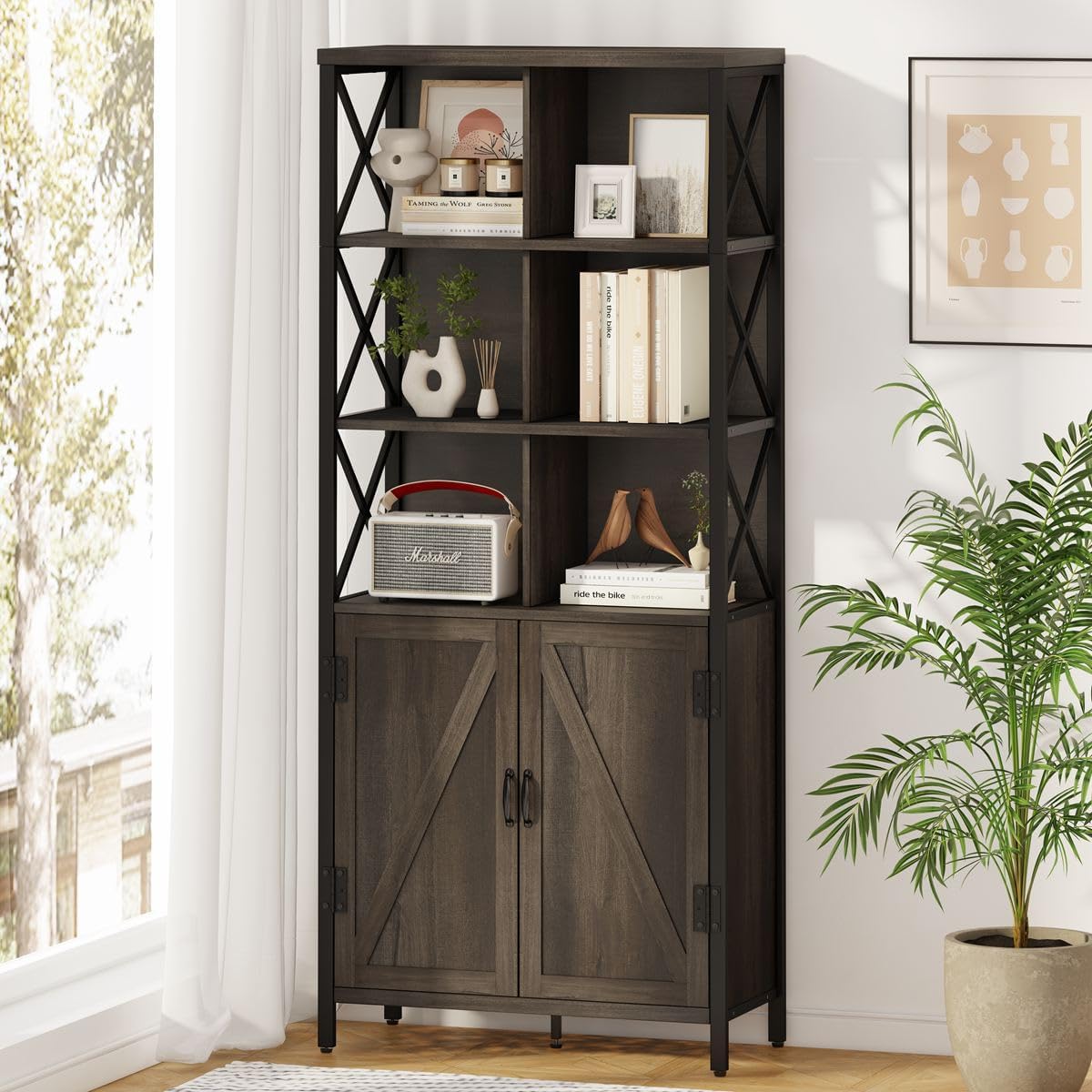 FATORRI Industrial Tall Bookshelf, Rustic Bookcase with Doors, 6 Cube Storage Organizer with Shelf for Living Room, Wood and Metal Book Shelf for Home Office (Walnut Brown)