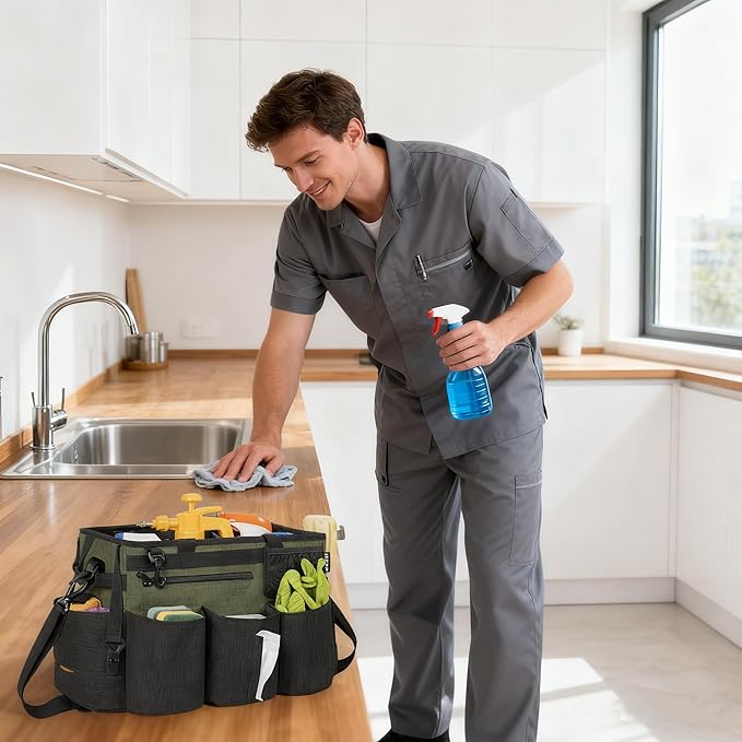 Wearable Cleaning Caddy Bag for Cleaning Supplies,Large Capacity Cleaning Organizer Green