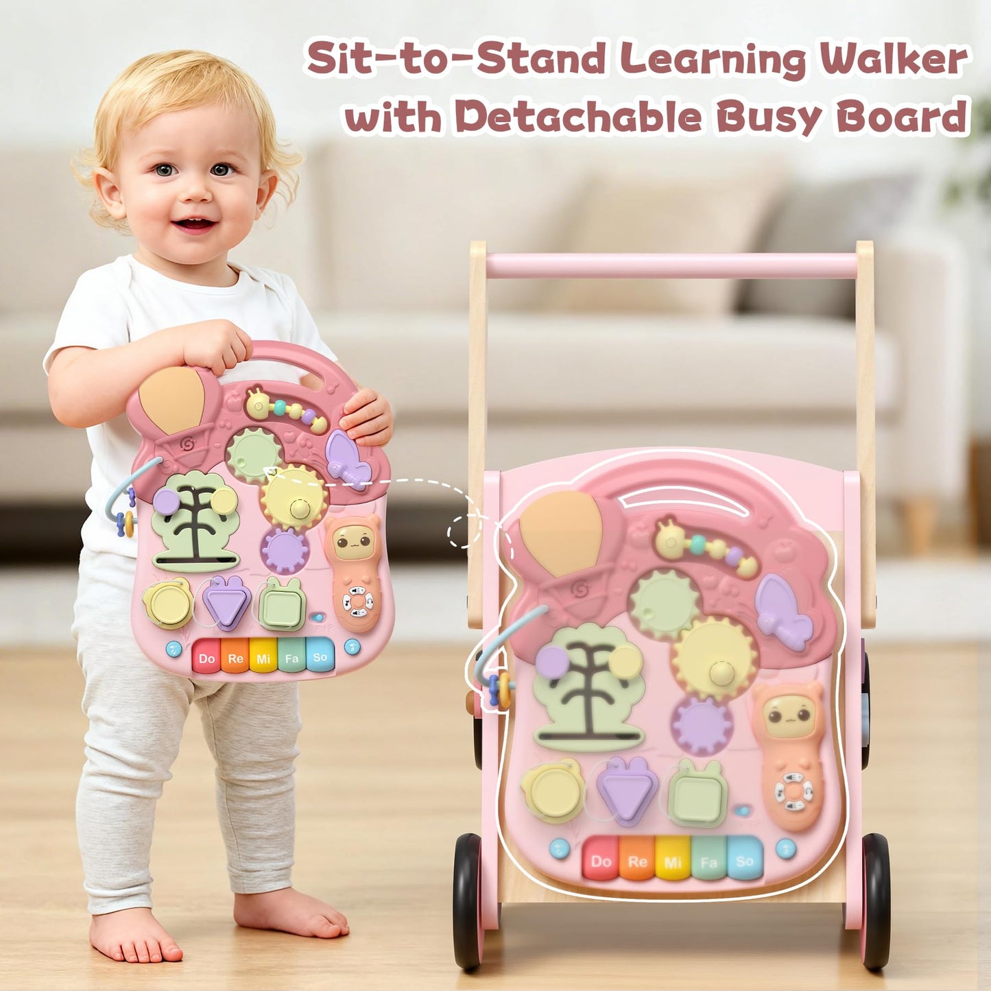 2 in 1 Wooden Baby Walker and Activity Center for Girls Boys Sit-to-Stand Learning Toy Kids Montessori Educational Push Toys with Music Detachable Busy Keyboard for Toddlers