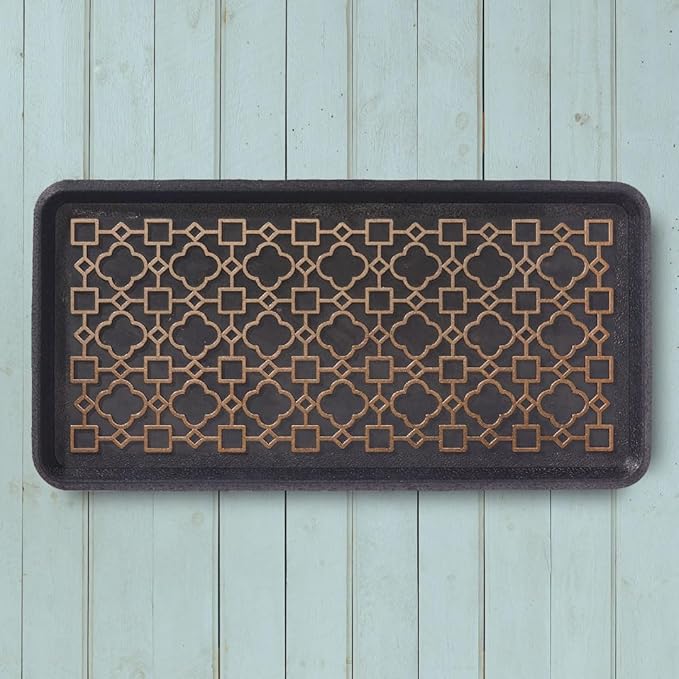 HF by LT Mosaic Tile Rubber Boot Tray, 32 x 16 inches, One-Piece Seamless Construction, Durable Vulcanized Rubber, Year Round Use Indoors/Outdoors, Black with Brushed Brass