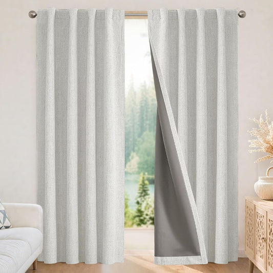 Joydeco 100% Blackout Curtains for Bedroom - Natural Linen Curtains 52" W x 63" L, Thermal Insulated 2 Panels White Light Blocking Drapes, Rod Pocket & Back Tabs, Darkening Privacy for Living Room