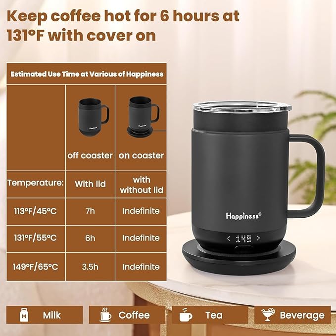 Happiness Smart Heated Coffee Mug,16oz Rechargeable Electric Self Heating Temperature Control Coffee Cup