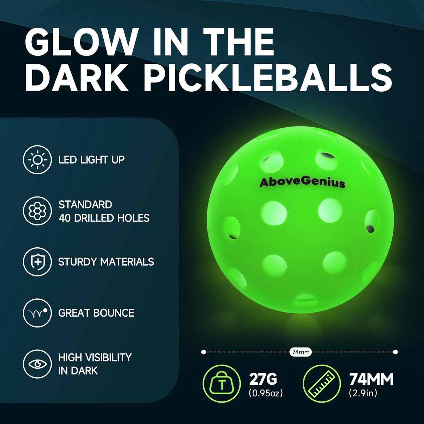 Glow in The Dark Pickleball,6 Pack Outdoor Pickleballs, LED Light Up High Visibility and Long-Lasting for Nighttime Play,Pickleball Gift