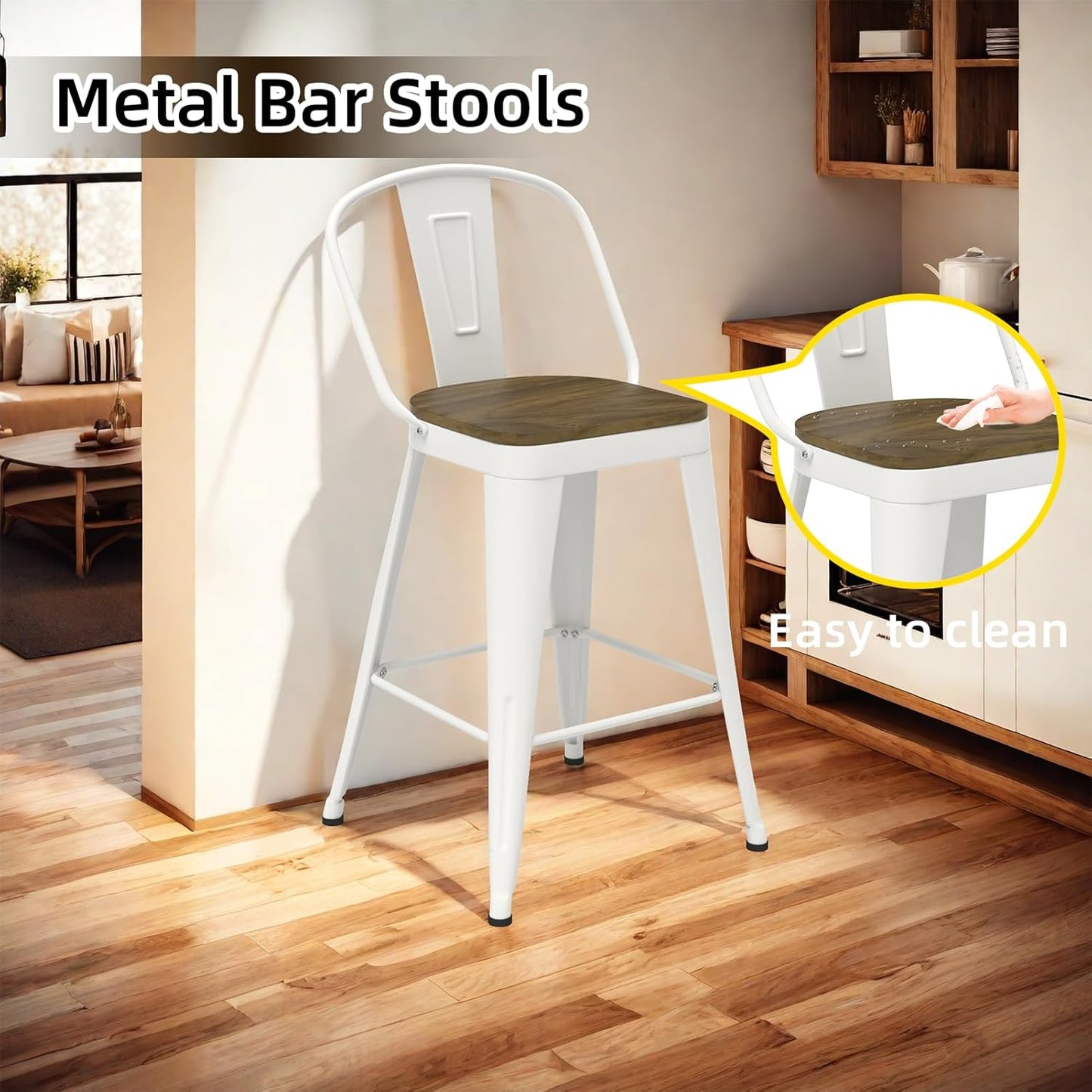 Metal Bar Stools Set of 4, High Back Bar Stools with Wooden Seat, 26 inch White Barstools for Kitchen Island