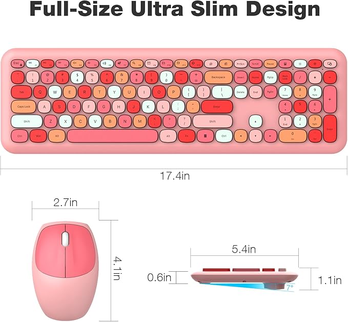 MOFII Wireless Keyboard and Mouse Combo, Colorful Full Size Keyboard with Number Pad, Silent Cute Wireless Mouse, 2.4GHz Dropout-Free Connection, for PC Laptop Computer (Pink Color)