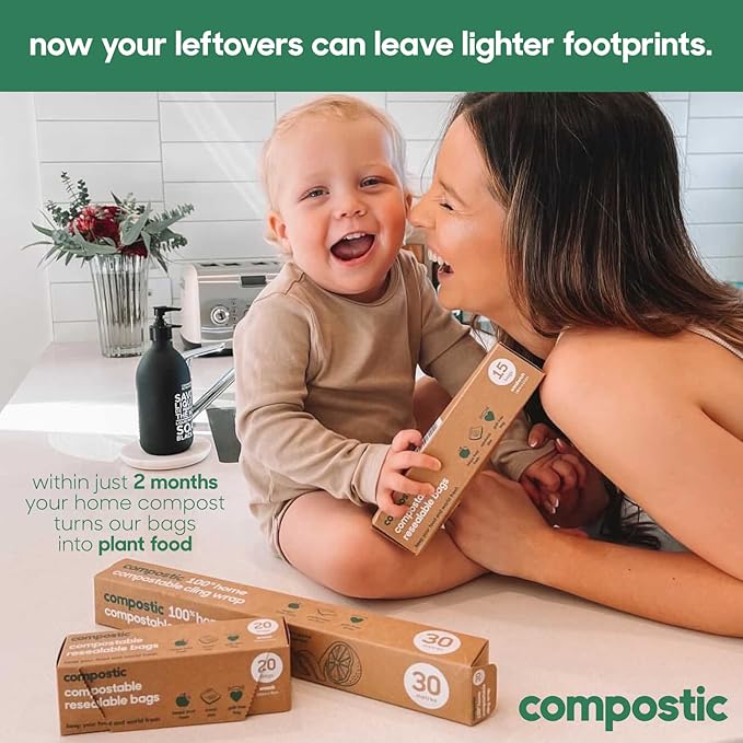 Compostic Home Compostable Resealable Sandwich Bags (7"x7"), Microwave & Freezer Safe, Organic Food Storage Container, 60 Count
