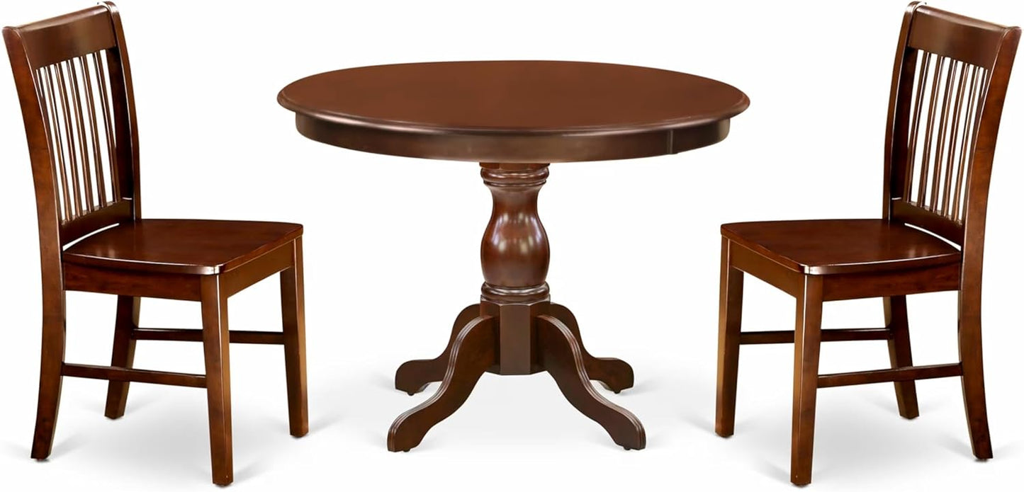 East West Furniture HBNF3-MAH-W 3 Piece Dining Set Contains a Round Dining Room Table with Pedestal and 2 Wood Seat Chairs, 42x42 Inch, Mahogany