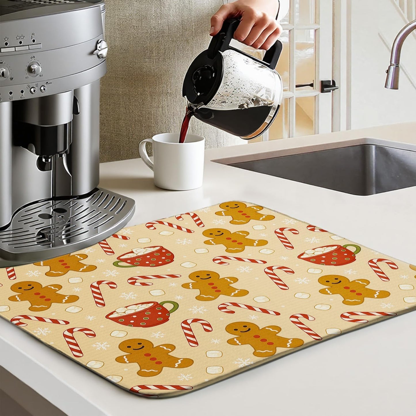 Christmas Drying Mat for Kitchen Counter 16" X 18" Gingerbread Dish Drying Mat for Kitchen Decor Xmas Drying Mats For Home Counter Drying Mats For Dishes Dish Mat Drying Mat