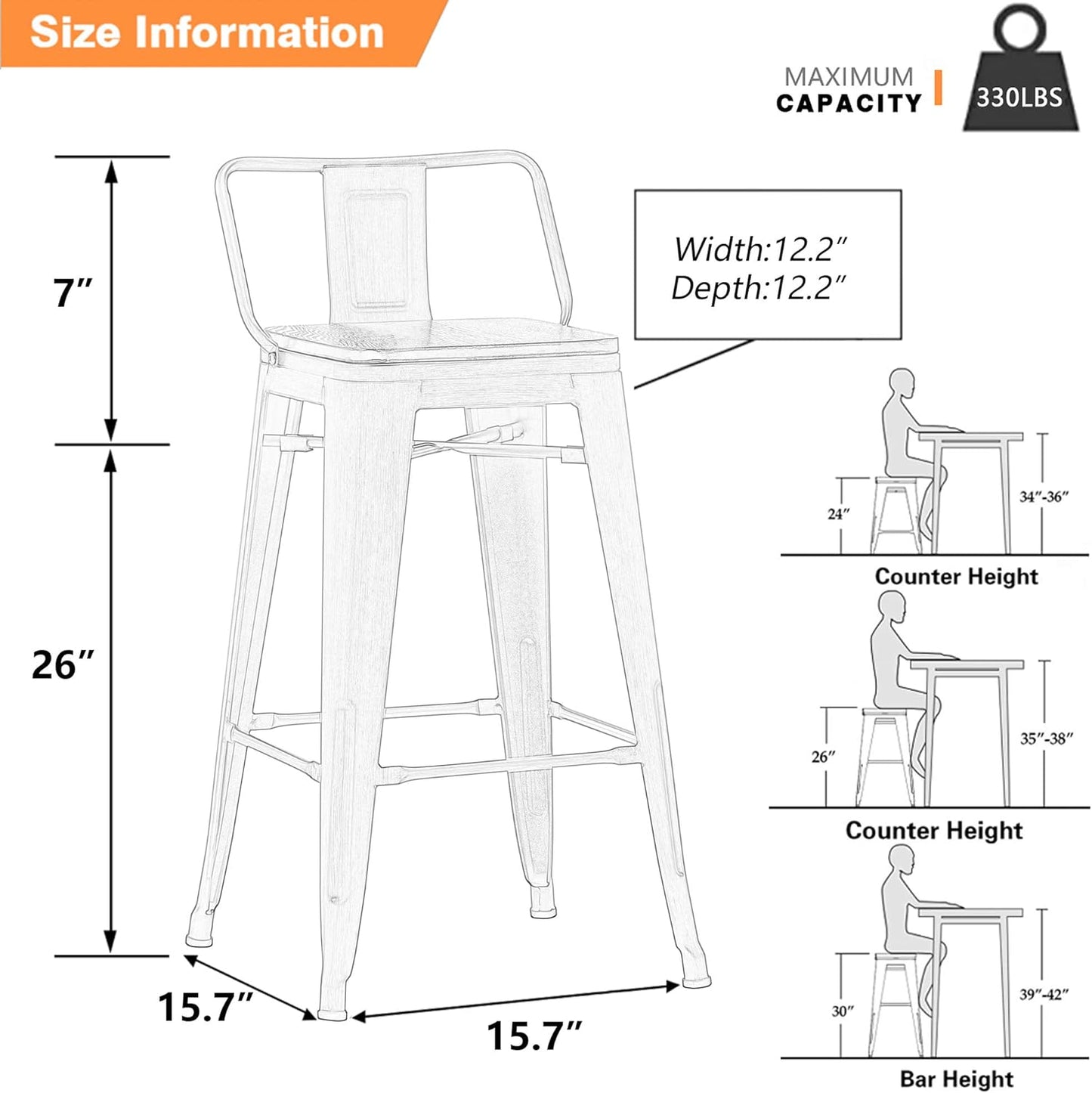 Yongchuang 26 inch Bar Stools Set of 4 Kitchen Counter Height Barstools with Wood Seat Metal Low Back Bar Chairs Matte Black
