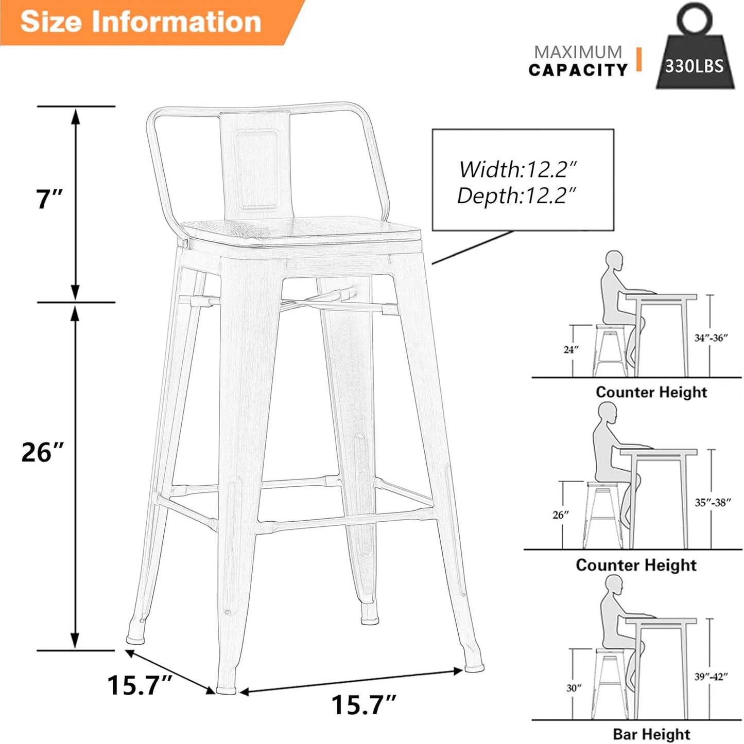 Yongchuang 26" Industrial Metal Barstools Set of 4 Counter Height Bar Stools with Back (Wood Top Low Back, Distressed White)