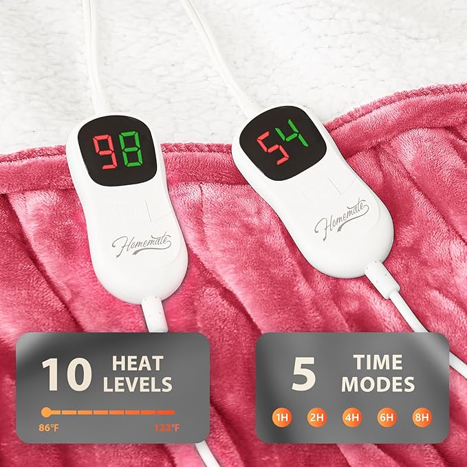 Homemate Electric Heated Blanket King - 100"x90" Heating Bed Blankets Throw with 10 Heating Levels 8 Hours Auto Off Fast Heating Over-Heated Protection Ultra Soft Warm Flannel ETL Certified