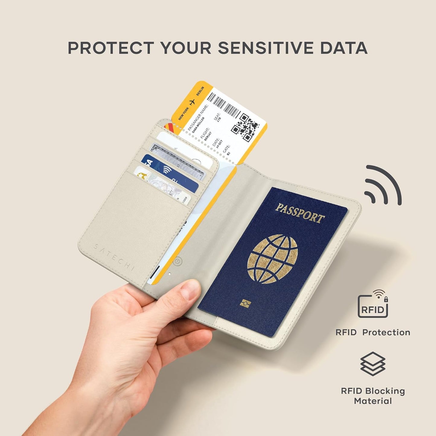 Satechi Passport Holder for Travel with Find My, Passport Cover with 4 Card Holder, Wireless Charging, and RFID protection – Travel Essential Vegan Leather Passport– Sand