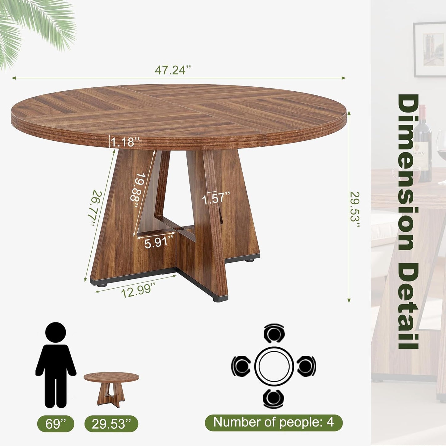 NicBex 47 Inch Round Dining Table, Wooden Dinner Table for 4, Small Farmhouse Kitchen Tables with Cross Base for Dining Room, Kitchen, Living Room, Dark Brown