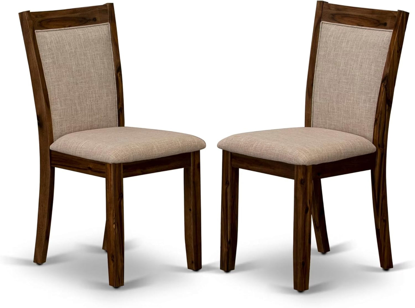 I7MZ7-50N-04 7-Pc Dining Set consists of a Pedestal Dining Table and 6 Light Tan Polyester Fabric Dining Chairs with Padded Back - Antique Walnut Finish
