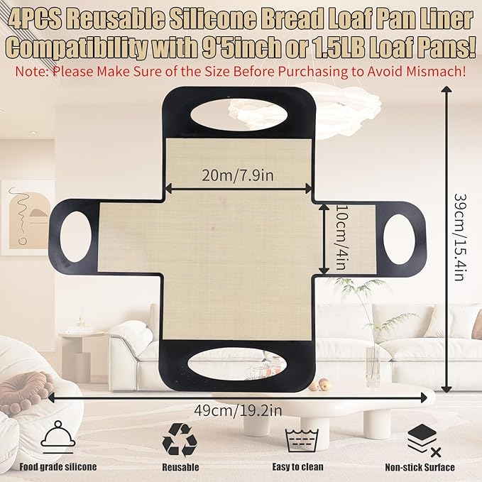 4PCS Silicone Bread Loaf Pan Liner, Food-Grade Silicone Bread Sling, Non-Stick & Easy Clean Dough Transfer Tool with 4 Handles Bread Liner Fits 9x5" or 1.5lb Loaf Pans