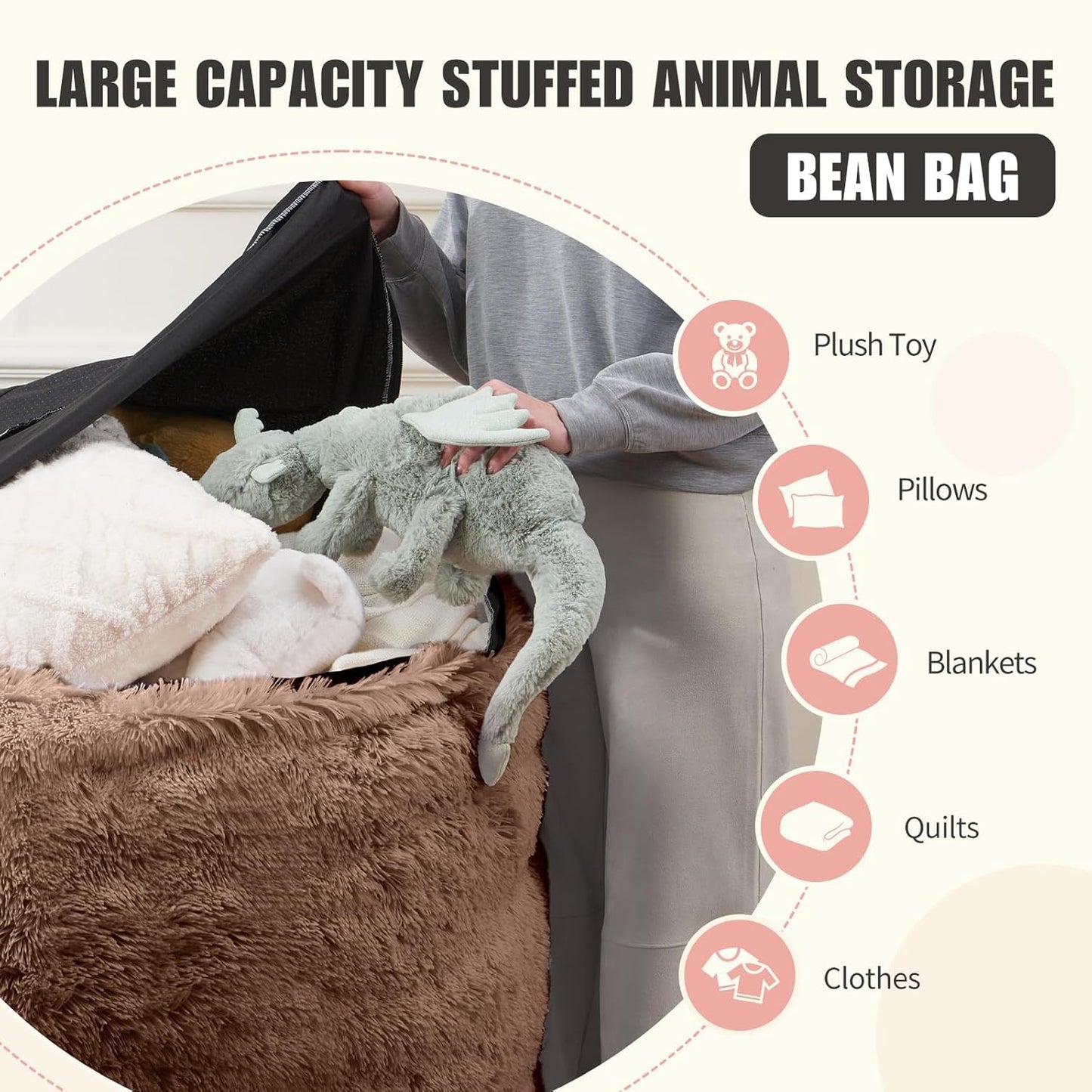 Stuffed Animal Storage Bean Bag Chair Cover (No Filler) Washable Ultra Soft Bean Bag Cover for Organizing Plush Toys or Textile, Sack BeanBag Covers for Adults, Teens, 6FT, Khaki