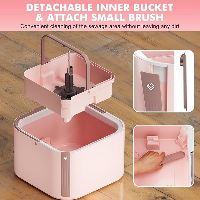 Upgraded Self-Standing Spin Mop and Bucket System, Detachable Inner Mop Bucket Separates Dirty Water & 90° Foldable Head, Triple-Scrub System, 0.9Gal Dual Drainage, for Hardwood Floors (Pink 2 Pads)