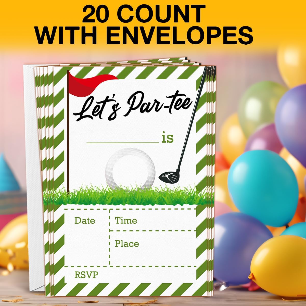Golf Birthday Invitations With Envelopes (20 Count), Let's Par-tee Golf Birthday Party Fill in Invites Cards, Double Sided Design