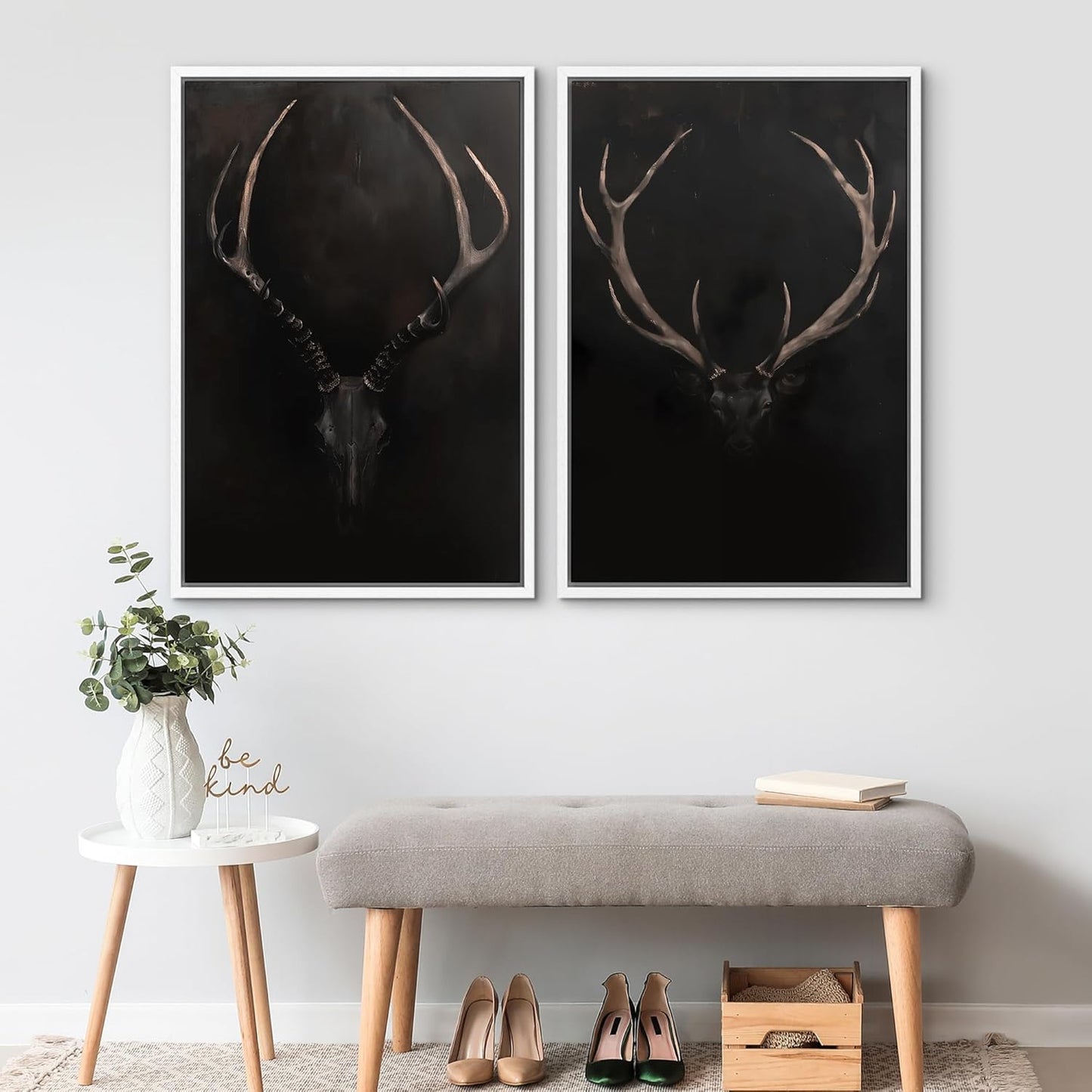 SIGNWIN Framed Canvas Print Wall Art Rustic Antler Skull Dark Dramatic Black Vintage-Inspired Deer and Elk Antlers Illustrations Decorative for Living Room, Bedroom, Office - 16"x24"x2 White