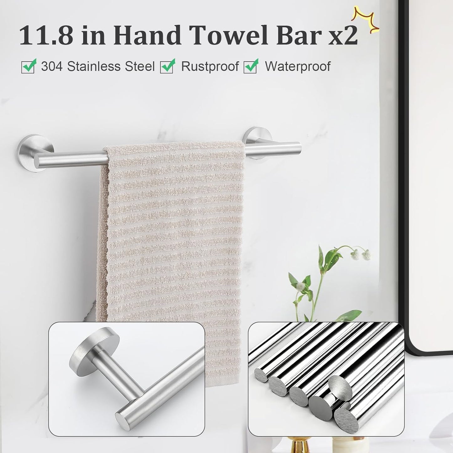 TURS Brushed Nickel 10 Pieces Bathroom Hardware Set, SUS304 Stainless Steel 24 Inch Bath Towel Bar Set, Round Bathroom Accessories Kit Wall Mounted